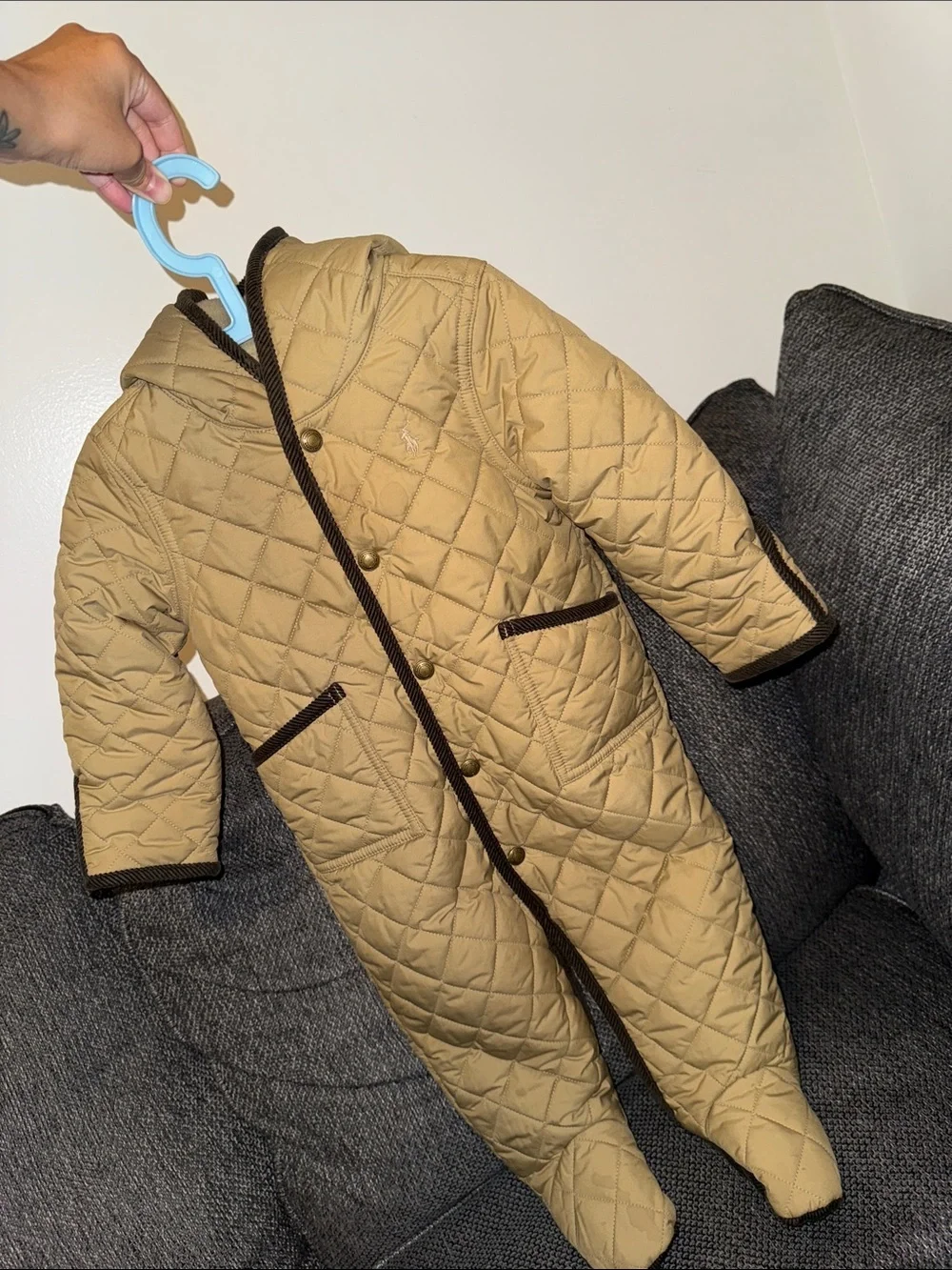 Ralph Lauren Quilted Hooded Jacket in Tan with Dark Trim